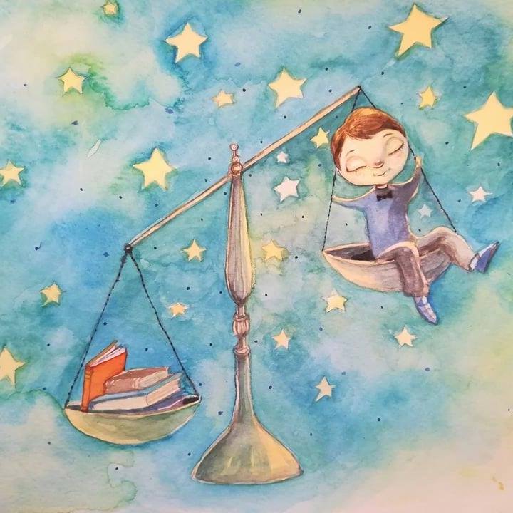 Dijete sjedi na vagi Libre s knjigama — akvarel ilustracija